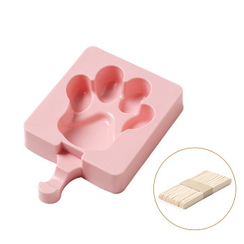 Ice Cream Food Grade Silicone Molds, For DIY Ice-Lolly, with Wooden Sticks, Bears Paw Prints, Pink, 147x95x23.5mm, Stick: 92.5x9.5x1.5mm, 20pcs/set
