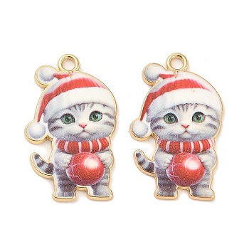 Christmas Alloy Enamel Pendants, Long-Lasting Plated, Golden, Cat Charm, Red, 28.5x17x1.5mm, Hole: 2mm