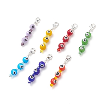 7 Chakra Handmade Lampwork Evil Eye Beaded Pendant Decorations, Zinc Alloy Lobster Clasp Charms with Glass Faceted Beads, Clip-on Charms, Mixed Color, 50.5~51mm, 7 colors, 1pc/color, 7pcs/set