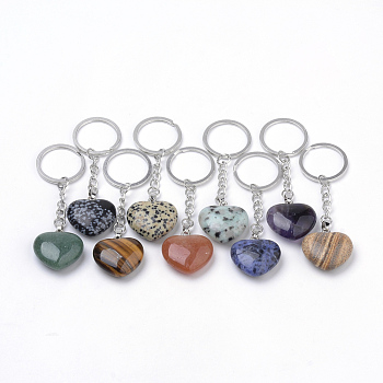 Synthetic & Natural  Mixed Stone Keychain, with Iron Findings, Heart, Platinum, 92mm
