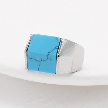 Rectangle Synthetic Turquoise Finger Ring, Stainless Steel Color Titanium Steel Jewelry, Stainless Steel Color, Inner Diameter: 17.4mm