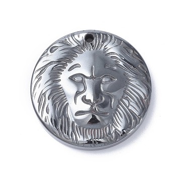 Synthetic Non-Magnetic  Hematite Pendants, Flat Round with Lion, Original Color, 25.5x5mm, Hole: 1.6mm