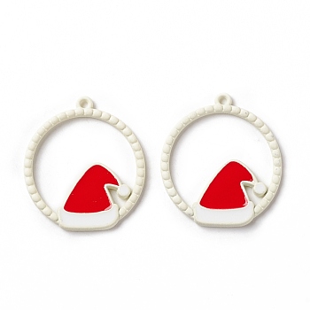 Christmas Theme Spray Painted Alloy Enamel Pendants, Ring with Christmas Hat, White, 25x22x2mm, Hole: 1.2mm