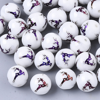 Christmas Opaque Glass Beads, Round with Electroplate Elk Christmas Reindeer/Stag Pattern, Purple Plated, 10mm, Hole: 1.2mm