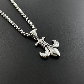 Vintage 304 Stainless Steel Men's Punk Fleur De Lis Pendant Necklaces, Stainless Steel Color