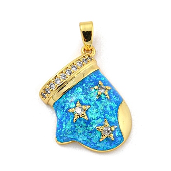 Christmas Brass Micro Pave Cubic Zirconia Pendant, with Synthetic Opal, Christmas Stocking, Deep Sky Blue, 20x17.5x6mm, Hole: 5x3mm
