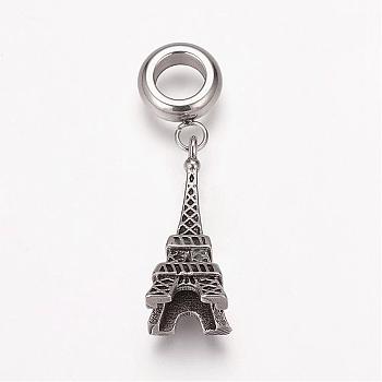 304 Stainless Steel European Dangle Charms, Large Hole Pendants, Eiffel Tower, Antique Silver, 31mm, Hole: 5mm, Pendant: 21x7x7mm