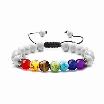 Chakra Theme Natural & Synthetic Mixed Stones Braided Bracelets, Natural Howlite Adjustable Bracelets for Women