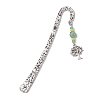 Natural Malaysia Jade & Green Aventurine Beaded Pendant Bookmarks with Alloy Tree of Life, Flower Pattern Hook Bookmarks, Antique Silver, 123.5x21x2.5mm, Pendant: 46x16.5x5