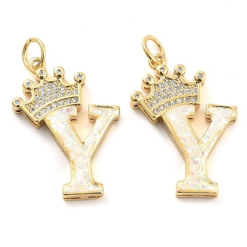 Brass Micro Pave Clear Cubic Zirconia Pendants, with Synthetic Opal, Real 18K Gold Plated, with Jump Ring, Letter Y, 26.5~33x14~23.5x3.5~4.5mm, Hole: 4.5mm