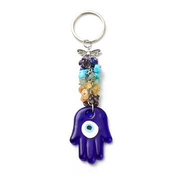 Natural & Synthetic Gemstone Beaded & Handmade Lampwork Pendants Keychain, with Brass, Iron, 304 Stainless Steel & Alloy Findings, Hamsa Hand with Evil Eye, Medium Blue, 14.2cm