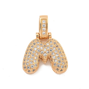 Brass Micro Pave Clear Cubic Zirconia Pendants, Real 18K Gold Plated, Letter M, 31x25x5mm, Hole: 3x6mm