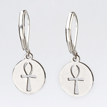 304 Stainless Steel Dangle Earrings, with Brass Leverback Earring Findings, Flat Round with Ankh Cross, Platinum & Stainless Steel Color, 29mm, Pin: 0.5mm, Charm: 14x12x1mm