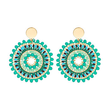 Glass Seed Braided Flat Round Dangle Earrings for Women, with Stainless Steel Ear Studs, Bohemian Style, Medium Turquoise, 62x50mm