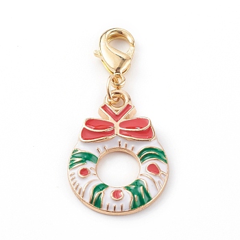 Christmas Themed Alloy Enamel Pendants, with Brass Lobster Claw Clasps, Christmas Wreath, Colorful, 37mm