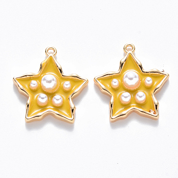 Brass Enamel Pendants, with ABS Plastic Imitation Pearl, Nickel Free, Star, Real 18K Gold Plated, Yellow, 15.5x14.5x4mm, Hole: 1mm