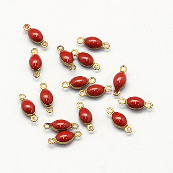 Antique Golden Plated Brass Enamel Oval Links connectors, Enamelled Sequins, Red, 4x10.5x3mm, Hole: 1mm