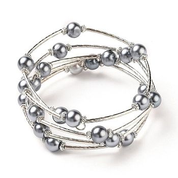 Fashion Wrap Bracelets, Glass Pearl Bracelets with Tube Beads, Gray, Bracelet: about 60mm inner diameter, Sold per 40 Bracelets