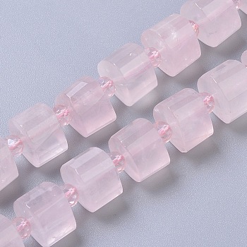 Natural Rose Quartz Beads Strands, Faceted, Column, 14~15x14~15x9~11mm, Hole: 1.5mm, about 25~30pcs/strand, 15.35 inch(39cm)