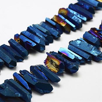 Electroplated Natural Quartz Crystal Beads Strands, Nuggets, Tusk Shape, Blue Plated, Dyed, Blue, 7~15x18~60mm, Hole: 1mm, about 46pcs/strand, 16 inch