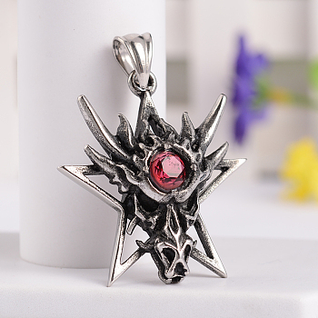 Retro 316 Surgical Stainless Steel Resin Rhinestone Star with Dragon Skull Gothic pendants, Antique Silver, 38.5x34.5x11mm, Hole: 5x8.5mm