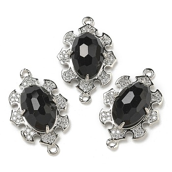 Natural Obsidian Faceted Oval Connector Charms, Rack Plating Brass Micro Pave Clear Cubic Zirconia Flower Links, Platinum, 25.5x16x7mm, Hole: 1.2mm