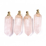 Faceted Natural Rose Quartz Pendants, Openable Perfume Bottle, with Golden Tone Brass Loops, Hexagonal Prisms, 46.5x13.5x11mm, Hole: 1.6mm, Bottle Capacity: 1ml(0.034 fl. oz)(G-T131-13)