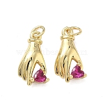 Brass Micro Pave Cubic Zirconia Pendants, Hand with Heart Charms, Real 16K Gold Plated, 18.5x10x4.5mm, Jump Ring: 5x1mm, Inner Diameter: 3.5mm(KK-F930-17G)