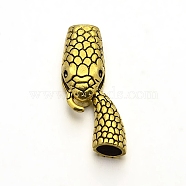 Tibetan Style Alloy Hook and Snake Head Clasps, Cadmium Free & Lead Free, Antique Golden, Clasps: 23x12x8.5mm, Hole: 8x3mm, S-Hook: 19x19x9mm, Hole: 7mm, about 100sets/1000g(TIBE-N011-040AG-RS)