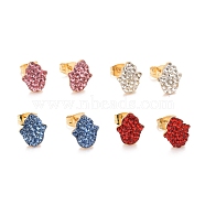 304 Stainless Steel Enamel Stud Earrings, with Rhinestone & 316 Surgical Stainless Steel Pin, Golden, Palm, Mixed Color, 9x11x2.5mm, Pin: 0.8mm(EJEW-B009-19G)