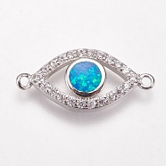 Brass Micro Pave Cubic Zirconia Links, with Synthetic Opal, Eye, Platinum, Blue, 9x20x3mm, Hole: 1mm(KK-L161-08P-D)