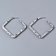 Spray Painted CCB Plastic Stud Earrings, Half Hoop Earrings, Rhombus, Silver, White, 54.5x4.5mm, Pin: 0.7mm(EJEW-Q020-001A)