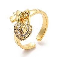 Clear Cubic Zirconia Clover with Star Padlock Charm Open Cuff Ring, Brass Jewelry for Women, Real 18K Gold Plated, US Size 6 1/2(16.9mm)(KK-H439-24G)