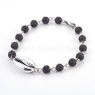 Natural Lava Rock Beads Bracelets, with Electroplated Shell Beads, Cowrie Shells, 8-1/8 inch(20.5cm)(BJEW-JB03954-01)