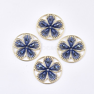 Polyester Thread Woven Pendants, with Glass and Golden Plated Alloy Findings, Long-Lasting Plated, Flower, Marine Blue, 37x4mm, Hole: 2.5mm(FIND-S319-12B)