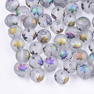 Autumn Theme Electroplate Transparent Glass Beads, Frosted, Round with Maple Leaf Pattern, Colorful, 8~8.5mm, Hole: 1.5mm(X-EGLA-S178-01E)