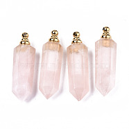 Faceted Natural Rose Quartz Pendants, Openable Perfume Bottle, with Golden Tone Brass Loops, Hexagonal Prisms, 46.5x13.5x11mm, Hole: 1.6mm, Bottle Capacity: 1ml(0.034 fl. oz)(G-T131-13)