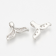 Brass Micro Pave Cubic Zirconia Charms, Whale Tail Shape, Nickel Free, Real Platinum Plated, 8x11.5x1.5mm, Hole: 1mm(ZIRC-Q014-051P)