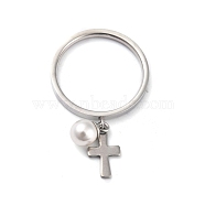Dual-use Items, 304 Stainless Steel Finger Rings or Pendants, with Plastic Round Beads, Cross, White, Stainless Steel Color, US Size 5~9(15.7~18.9mm)(RJEW-O045-17-P)