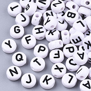 White Opaque Acrylic Beads, Horizontal Hole, Flat Round with Letter, Black, Letter, 7x4mm, Hole: 1.8mm, about 3900pcs/500g(SACR-R249-01M)