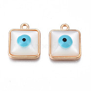Rack Plating Alloy Enamel Pendants, with Resin Imitation Cat Eye Cabochon, Cadmium Free & Nickel Free & Lead Free, Light Gold, Square with Evil Eye, White, 17x14x5.5mm, Hole: 1.8mm(PALLOY-S132-310)