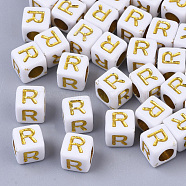 Plating Acrylic Beads, Horizontal Hole, Golden Metal Enlaced, Alphabet Style, Cube, Letter.R, 5.5~6x5.5~6x5.5~6mm, Hole: 3.5mm, about 3000pcs/500g(SACR-S297-09R)