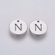 304 Stainless Steel Charms,  Flat Round with Letter, Stainless Steel Color, Letter.N, 10x1mm, Hole: 1mm(STAS-P212-15P-06)