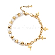 201 Stainless Steel Cross Charm Bracelet, Plastic Pearl Beaded Bracelet with Vacuum Plating 304 Stainless Steel Cable Chains for Women, Golden, 7-1/2 inch(19cm)(BJEW-A126-05G)