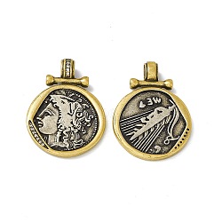 Rack Plating Brass Micro Pave Clear Cubic Zirconia Pendants, Cadmium Free & Lead Free & Nickle Free, Flat Round with Greece Coin Charm, Antique Silver & Antique Golden, 31x22.5x5.5mm, Hole: 4.5x3mm(KK-I696-03)