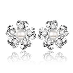 Pretty Flower Tin Alloy Rhinestone Imitation Pearl Stud Earrings, Platinum, 18x19mm(BB08813-P)