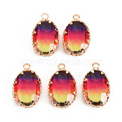 Gradient Color Glass Pendants, with Brass Prong Settings, Faceted, Oval, Light Gold, Colorful, 19x11x5.5mm, Hole: 1.6mm(X-GLAA-S193-006-B05)