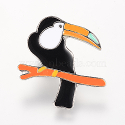 Alloy Enamel Brooches, Enamel Pin, with Brass Finding, Bird, Platinum, Black, 30x29mm, Pin: 1.2mm(JEWB-Q026-32P)