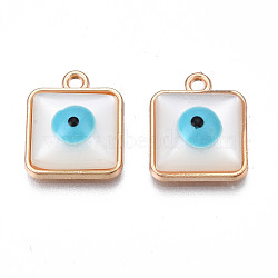 Rack Plating Alloy Enamel Pendants, with Resin Imitation Cat Eye Cabochon, Cadmium Free & Nickel Free & Lead Free, Light Gold, Square with Evil Eye, White, 17x14x5.5mm, Hole: 1.8mm(PALLOY-S132-310)