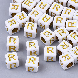 Plating Acrylic Beads, Horizontal Hole, Golden Metal Enlaced, Alphabet Style, Cube, Letter.R, 5.5~6x5.5~6x5.5~6mm, Hole: 3.5mm, about 3000pcs/500g(SACR-S297-09R)